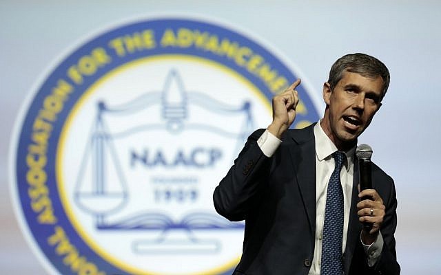In this photo from July 24, 2019, Democratic presidential hopeful Beto O'Rourke addresses the Presidential Forum at the NAACP's 110th National Convention at Cobo Center in Detroit, Michigan. (Jeff Kowalsky/AFP) In this photo from July 24, 2019, Democratic presidential hopeful Beto O'Rourke addresses the Presidential Forum at the NAACP's 110th National Convention at Cobo Center in Detroit, Michigan. (Jeff Kowalsky/AFP)