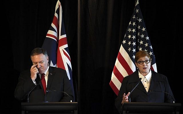 Australia's Foreign Minister Marise Payne (R) attends a joint press conference with US Secretary of State Mike Pompeo (L), US Secretary of Defense Mark Esper and Australia's Defense Minister Linda Reynolds (not in picture) in Sydney on August 4, 2019. (Saeed KHAN / AFP) Australia's Foreign Minister Marise Payne (R) attends a joint press conference with US Secretary of State Mike Pompeo (L), US Secretary of Defense Mark Esper and Australia's Defense Minister Linda Reynolds (not in picture) in Sydney on August 4, 2019. (Saeed KHAN / AFP)