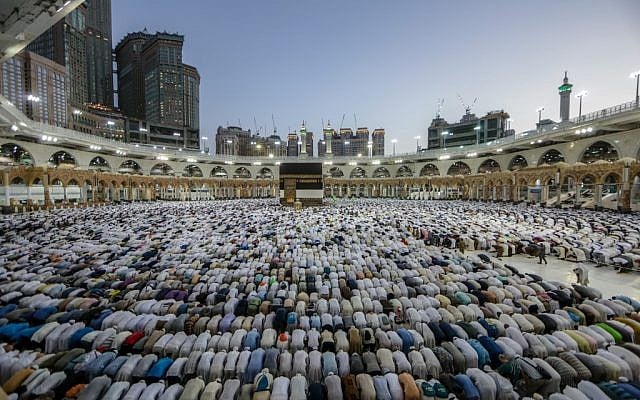 Mulism pilgrims perform prayers around the Kaaba, Islam's holiest shrine, at the Grand Mosque in Saudi Arabia's holy city of Mecca on August 7, 2019, prior to the start of the annual Hajj pilgrimage in the holy city. (Abdel Ghani Bashir/ AFP) Mulism pilgrims perform prayers around the Kaaba, Islam's holiest shrine, at the Grand Mosque in Saudi Arabia's holy city of Mecca on August 7, 2019, prior to the start of the annual Hajj pilgrimage in the holy city. (Abdel Ghani Bashir/ AFP)