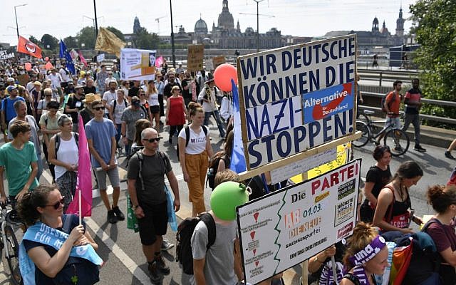 Protesters take part in a demonstration titled "Unteilbar" (indivisible) against exclusion on August 24, 2019 in Dresden, eastern Germany. (John MACDOUGALL/AFP) Protesters take part in a demonstration titled "Unteilbar" (indivisible) against exclusion on August 24, 2019 in Dresden, eastern Germany. (John MACDOUGALL/AFP)