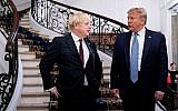 US President Donald Trump (R) and Britain's Prime Minister Boris Johnson speak before a working breakfast at the G7 Summit in Biarritz, France, on August 25, 2019. (Erin Schaff/Pool/AFP)