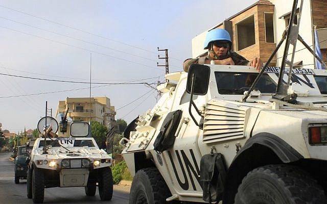 Soldiers of the United Nations Interim Forces in Lebanon (UNIFIL) patrol a road in the southern Lebanese village of Kfar Kila along the border with Israel on August 29, 2019. (Mahmoud ZAYYAT / AFP) Soldiers of the United Nations Interim Forces in Lebanon (UNIFIL) patrol a road in the southern Lebanese village of Kfar Kila along the border with Israel on August 29, 2019. (Mahmoud ZAYYAT / AFP)