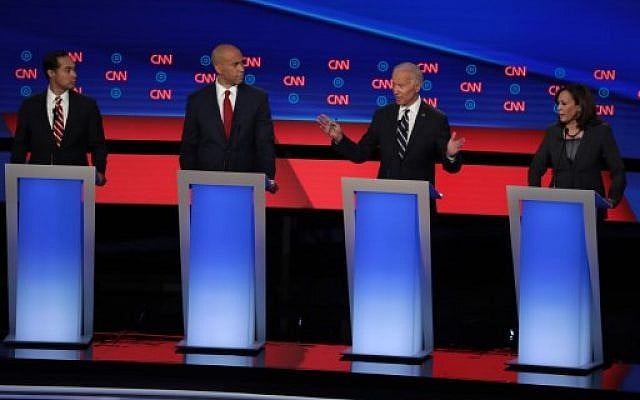 Democratic presidential candidate former Vice President Joe Biden (2nd R) speaks while Sen. Kamala Harris (D-CA) (R) and Sen. Cory Booker (D-NJ) and former housing secretary Julian Castro listen during the Democratic Presidential Debate at the Fox Theatre July 31, 2019 in Detroit, Michigan. (Scott Olson/Getty Images/AFP) Democratic presidential candidate former Vice President Joe Biden (2nd R) speaks while Sen. Kamala Harris (D-CA) (R) and Sen. Cory Booker (D-NJ) and former housing secretary Julian Castro listen during the Democratic Presidential Debate at the Fox Theatre July 31, 2019 in Detroit, Michigan. (Scott Olson/Getty Images/AFP)