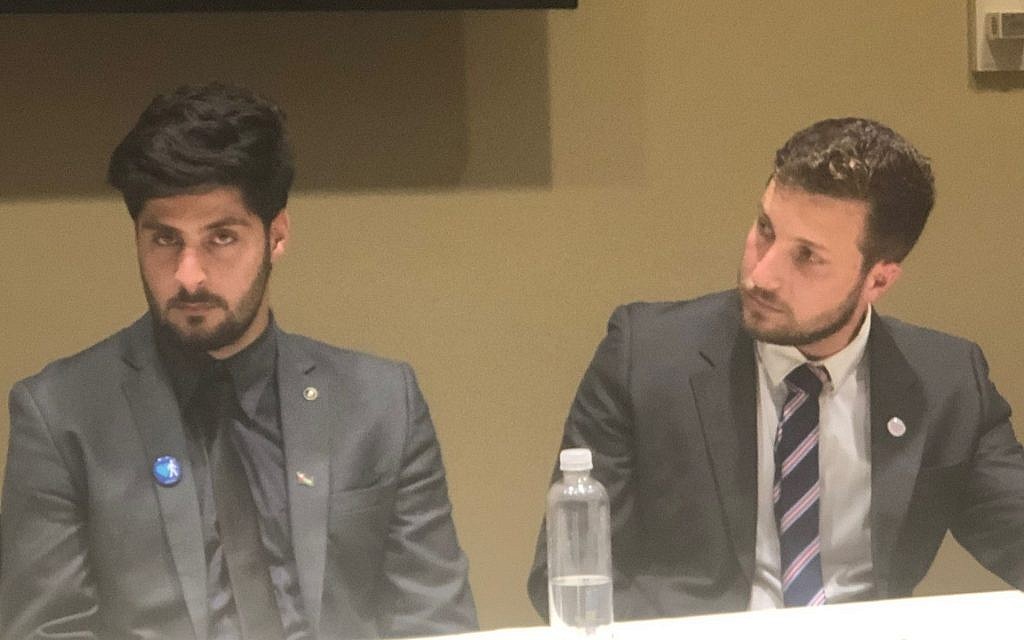 Mohammed Ahmad, left, and Eran Nissan speak at a New Voices Leadership event on Capitol Hill, July 11, 2019. (Ron Kampeas) Mohammed Ahmad, left, and Eran Nissan speak at a New Voices Leadership event on Capitol Hill, July 11, 2019. (Ron Kampeas)