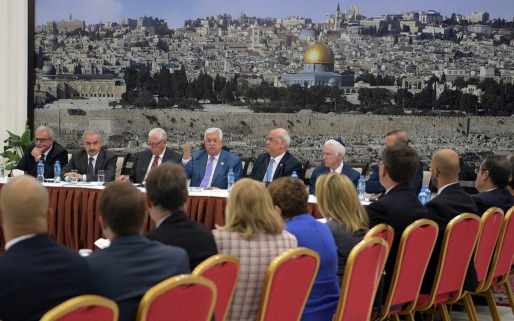 Palestinian Authority President Mahmoud Abbas speaking to Democratic members of Congress on August 7, 2019. (Credit: Wafa)
