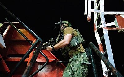 Israeli and American special forces simulate taking over a merchant ship carrying contraband the Mediterranean Sea as part of a large naval exercise Nobel Rose in August 2019. (Israel Defense Forces)