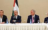 From left to right: Fatah spokesman Osama Qawasma, PA Prime Minister Mohammad Shtayyeh and Republican House minority leader Kevin McCarthy meeting in Ramallah on August 13, 2019. (Wafa)