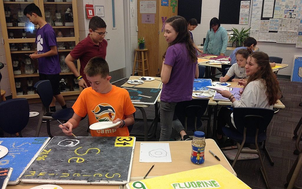 Students at Hershorin Schiff Community Day School in Sarasota, Florida create panels for the periodic table of elements. (Ben Sales/JTA)