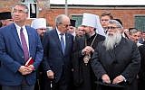 Yaakov Dov Bleich, right, chief rabbi of Ukraine, with Canada's ambassador to Ukraine, Roman Waschuk, left, and primate of the Orthodox Church of Ukraine, His Beatitude Epifanii, second from right, August 21, 2019. (Aliona Nikolaievych/Barcroft Media via Getty Images/via JTA)