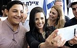 Former justice minister Ayelet Shaked poses for a selfie during a press conference in Ramat Gan, July 21, 2019. (Tomer Neuberg/Flash90)