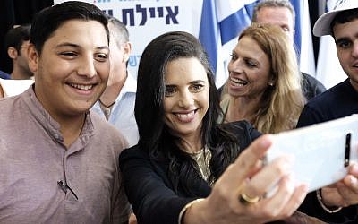 Former justice minister Ayelet Shaked poses for a selfie during a press conference in Ramat Gan, July 21, 2019. (Tomer Neuberg/Flash90)