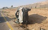 A damaged car after a deadly accident on Route 90, August 2, 2019. (Israel Police)