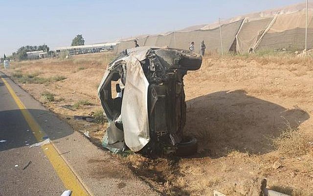 A damaged car after a deadly accident on Route 90, August 2, 2019. (Israel Police) A damaged car after a deadly accident on Route 90, August 2, 2019. (Israel Police)