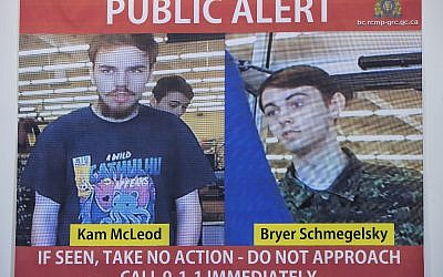 In this July 23, 2019 file photo, security camera images of fugitives Kam McLeod, 19, and Bryer Schmegelsky, 18, are displayed during a news conference in Surrey, British Columbia. Police said Wednesday, Aug. 7, 2019, they believe the two fugitives suspected of killing a North Carolina woman and her Australian boyfriend as well as another man have been found dead in Manitoba. (Darryl Dyck/The Canadian Press via AP File)