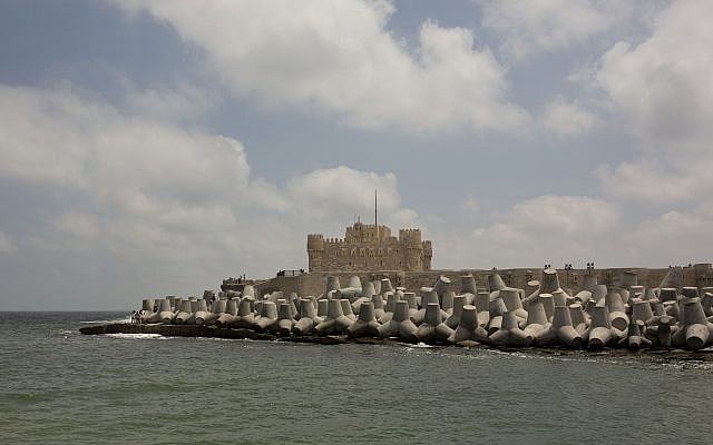Cement barriers reinforce the sea wall near the citadel in Alexandria, Egypt, August 8, 2019. (Maya Alleruzzo/AP)