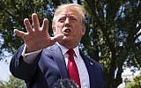 US President Donald Trump speaks with reporters before departing on Marine One on the South Lawn of the White House, August 21, 2019, in Washington. (AP Photo/Alex Brandon)