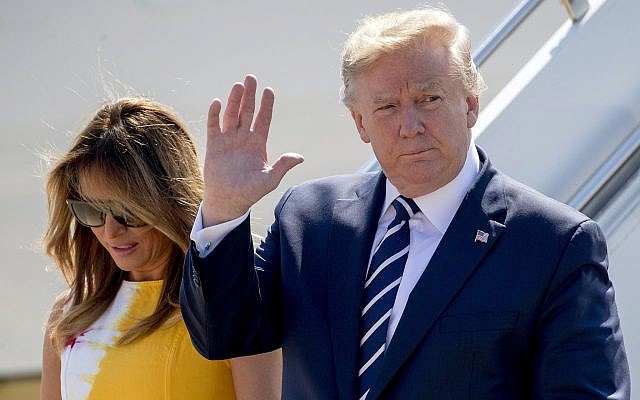 US President Donald Trump and first lady Melania Trump arrive in Biarritz, France, August 24, 2019, for the G-7 summit. (AP Photo/Andrew Harnik) US President Donald Trump and first lady Melania Trump arrive in Biarritz, France, August 24, 2019, for the G-7 summit. (AP Photo/Andrew Harnik)