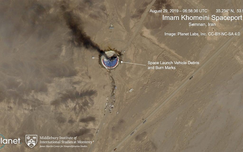 This satellite image from Planet Labs Inc., that has been annotated by experts at the James Martin Center for Nonproliferation Studies at Middlebury Institute of International Studies, shows a fire at a rocket launch pad at the Imam Khomeini Space Center in Iran's Semnan province on Aug. 29, 2019. (Planet Labs Inc, Middlebury Institute of International Studies via AP) This satellite image from Planet Labs Inc., that has been annotated by experts at the James Martin Center for Nonproliferation Studies at Middlebury Institute of International Studies, shows a fire at a rocket launch pad at the Imam Khomeini Space Center in Iran's Semnan province on Aug. 29, 2019. (Planet Labs Inc, Middlebury Institute of International Studies via AP)