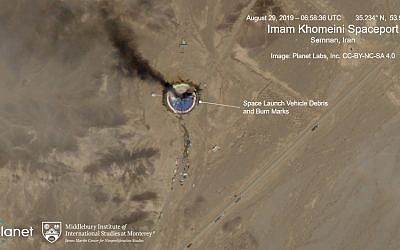 This satellite image from Planet Labs Inc., that has been annotated by experts at the James Martin Center for Nonproliferation Studies at Middlebury Institute of International Studies, shows a fire at a rocket launch pad at the Imam Khomeini Space Center in Iran's Semnan province on Aug. 29, 2019. (Planet Labs Inc, Middlebury Institute of International Studies via AP)
