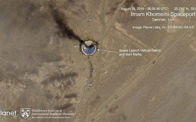 This satellite image from Planet Labs Inc., that has been annotated by experts at the James Martin Center for Nonproliferation Studies at Middlebury Institute of International Studies, shows a fire at a rocket launch pad at the Imam Khomeini Space Center in Iran's Semnan province on Aug. 29, 2019. (Planet Labs Inc, Middlebury Institute of International Studies via AP) This satellite image from Planet Labs Inc., that has been annotated by experts at the James Martin Center for Nonproliferation Studies at Middlebury Institute of International Studies, shows a fire at a rocket launch pad at the Imam Khomeini Space Center in Iran's Semnan province on Aug. 29, 2019. (Planet Labs Inc, Middlebury Institute of International Studies via AP)