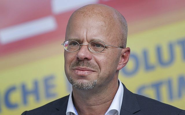 This photo from August 4, 2019, shows Andreas Kalbitz, chairman of the AfD party in Brandenburg, in Cottbus, Germany. (Patrick Pleul/dpa via AP) This photo from August 4, 2019, shows Andreas Kalbitz, chairman of the AfD party in Brandenburg, in Cottbus, Germany. (Patrick Pleul/dpa via AP)