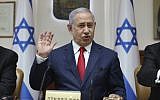 Prime Minister Benjamin Netanyahu gestures during the weekly cabinet meeting at his office in Jerusalem, July 7, 2019. (Abir Sultan/Pool Photo via AP)