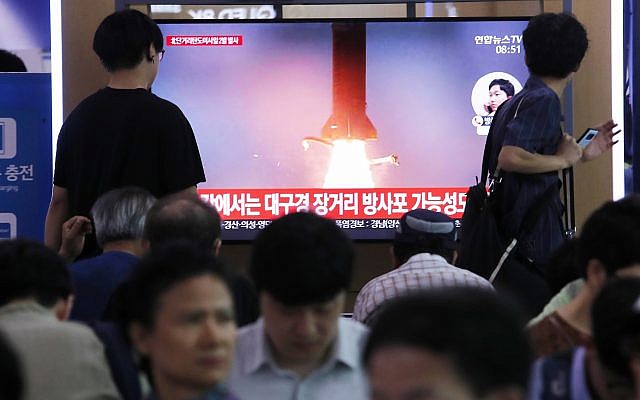People watch a TV showing a file image of North Korea's missile launch during a news program at the Seoul Railway Station in Seoul, South Korea, Wednesday, July 31, 2019. (AP/Ahn Young-joon) People watch a TV showing a file image of North Korea's missile launch during a news program at the Seoul Railway Station in Seoul, South Korea, Wednesday, July 31, 2019. (AP/Ahn Young-joon)