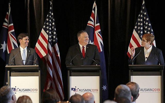 US Defense Secretary Mark Esper, left, US Secretary of State Mike Pompeo, second left, and Australian Foreign Minister Marise Payne brief the media at a press conference following annual bilateral talks in Sydney, Australia, Aug. 4, 2019. (AP Photo/Rick Rycroft) US Defense Secretary Mark Esper, left, US Secretary of State Mike Pompeo, second left, and Australian Foreign Minister Marise Payne brief the media at a press conference following annual bilateral talks in Sydney, Australia, Aug. 4, 2019. (AP Photo/Rick Rycroft)