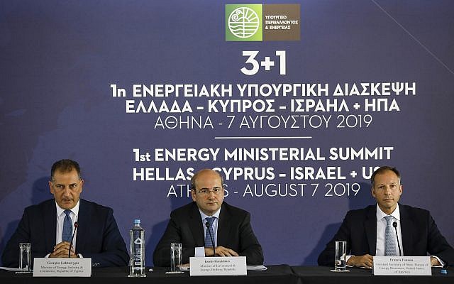 Greek Minister of Environment and Energy Kostas Hatzidakis, center, US Assistant Secretary of State of Energy Francis Fannon, right, and Cyprus' Energy Minister Georgios Lakkotrypis take part in a summit in Athens, Wednesday, Aug. 7, 2019. (AP Photo/Petros Giannakouris) Greek Minister of Environment and Energy Kostas Hatzidakis, center, US Assistant Secretary of State of Energy Francis Fannon, right, and Cyprus' Energy Minister Georgios Lakkotrypis take part in a summit in Athens, Wednesday, Aug. 7, 2019. (AP Photo/Petros Giannakouris)
