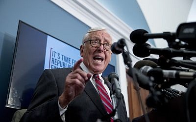 House Majority Leader Steny Hoyer of Md., speaks at a news conference calling for Senate action on H.R. 8 - Bipartisan Background Checks Act of 2019 on Capitol Hill in Washington, Tuesday, Aug. 13, 2019. (AP Photo/Andrew Harnik)