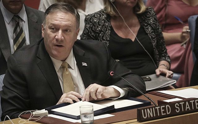 United States Secretary of State Michael Pompeo addresses a meeting of the United Nations Security Council on the Mideast, Tuesday Aug. 20, 2019 at UN headquarters. (AP Photo/Bebeto Matthews) United States Secretary of State Michael Pompeo addresses a meeting of the United Nations Security Council on the Mideast, Tuesday Aug. 20, 2019 at UN headquarters. (AP Photo/Bebeto Matthews)