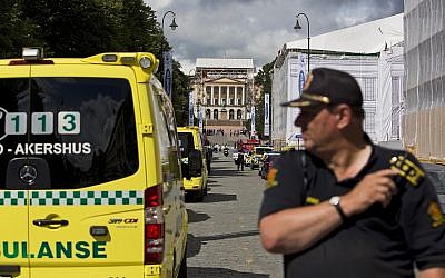 Illustrative: Police and ambulances deployed in Oslo after a bomb scare on July 31, 2012. (AP Photo/Fredrik Varfjell/NTB scanpix)