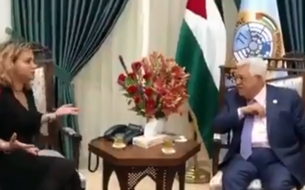 Palestinian Authority President Mahmoud Abbas speaks with Democratic Camp member Noa Rothman at the Mukatta compound in Ramallah on August 13, 2019. (Screen capture: Channel 13) Palestinian Authority President Mahmoud Abbas speaks with Democratic Camp member Noa Rothman at the Mukatta compound in Ramallah on August 13, 2019. (Screen capture: Channel 13)