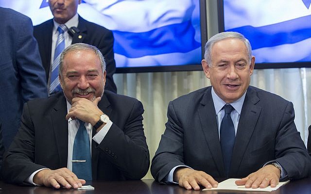 Prime Minister Benjamin Netanyahu (right) and leader of the Yisrael Beytenu political party Avigdor Liberman at the Knesset on May 25, 2016. (Yonatan Sindel/Flash90) Prime Minister Benjamin Netanyahu (right) and leader of the Yisrael Beytenu political party Avigdor Liberman at the Knesset on May 25, 2016. (Yonatan Sindel/Flash90)