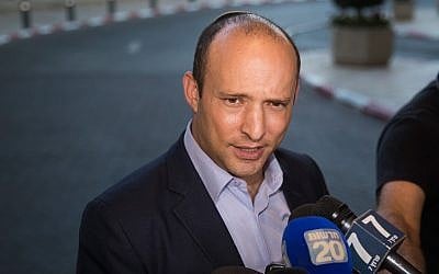 New Right party member Naftali Bennett arrives for a meeting with United Right party chairman Rafi Peretz, after announcing their union ahead of the elections, at the Ramada Hotel in Jerusalem, on July 28, 2019. (Yonatan Sindel/Flash90)