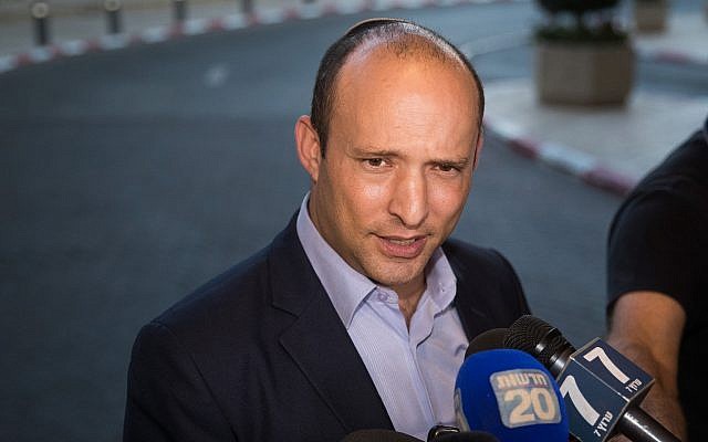 New Right party member Naftali Bennett arrives for a meeting with United Right party chairman Rafi Peretz, after announcing their union ahead of the elections, at the Ramada Hotel in Jerusalem, on July 28, 2019. (Yonatan Sindel/Flash90) New Right party member Naftali Bennett arrives for a meeting with United Right party chairman Rafi Peretz, after announcing their union ahead of the elections, at the Ramada Hotel in Jerusalem, on July 28, 2019. (Yonatan Sindel/Flash90)