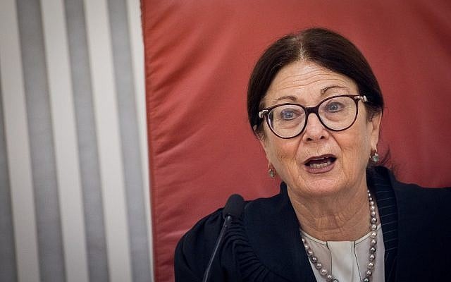 Supreme Court Chief Justice Esther Hayut at a court hearing at the Supreme Court in Jerusalem on July 29, 2019. (Yonatan Sindel/Flash90) Supreme Court Chief Justice Esther Hayut at a court hearing at the Supreme Court in Jerusalem on July 29, 2019. (Yonatan Sindel/Flash90)