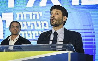 Transportation Minister Bezalel Smotrich gives a speech at the Yamina electoral alliance's campaign launch, in Ramat Gan, on August 12, 2019. (Flash90)