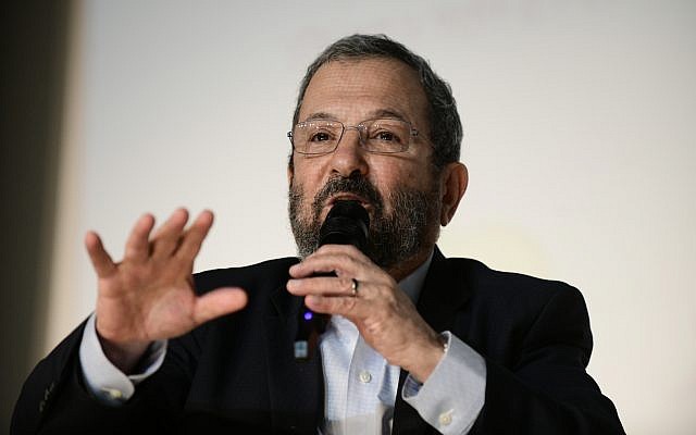 Democratic Camp party member Ehud Barak speaks at a cultural event in the central town of Shoham on August 24, 2019. (Tomer Neuberg/Flash90) Democratic Camp party member Ehud Barak speaks at a cultural event in the central town of Shoham on August 24, 2019. (Tomer Neuberg/Flash90)