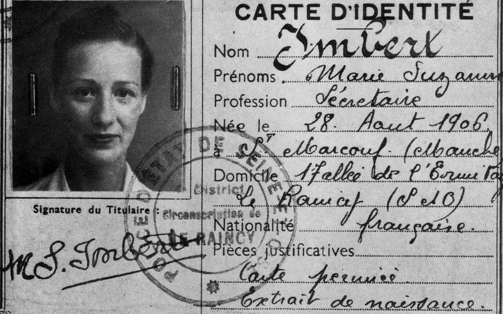 French spymaster Marie-Madeleine Fourcade's false identity card as Marie-Suzanne Imbert. (Granger)