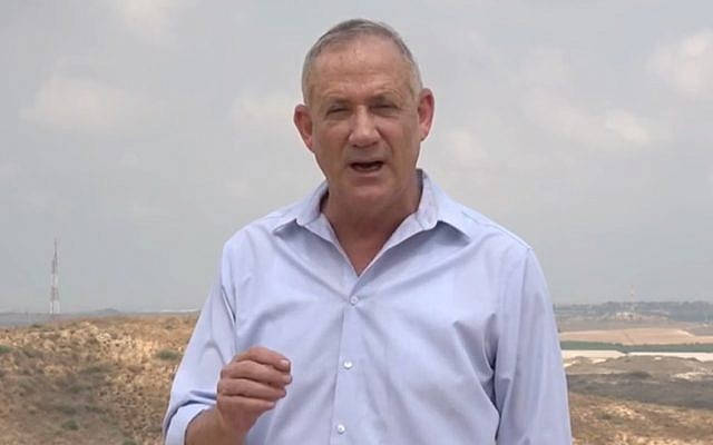 Screen capture from video of Blue and White Party leader MK Benny Gantz during a tour of communities on the border with the Gaza Strip, August 18, 2019. (Channel 13 News) Screen capture from video of Blue and White Party leader MK Benny Gantz during a tour of communities on the border with the Gaza Strip, August 18, 2019. (Channel 13 News)