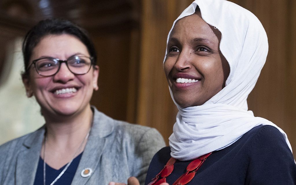 Reps. Rashida Tlaib, left, and Ilhan Omar at a rally with Democrats in the Capitol, March 13, 2019. (Tom Williams/CQ Roll Call/Getty Images, via JTA) Reps. Rashida Tlaib, left, and Ilhan Omar at a rally with Democrats in the Capitol, March 13, 2019. (Tom Williams/CQ Roll Call/Getty Images, via JTA)