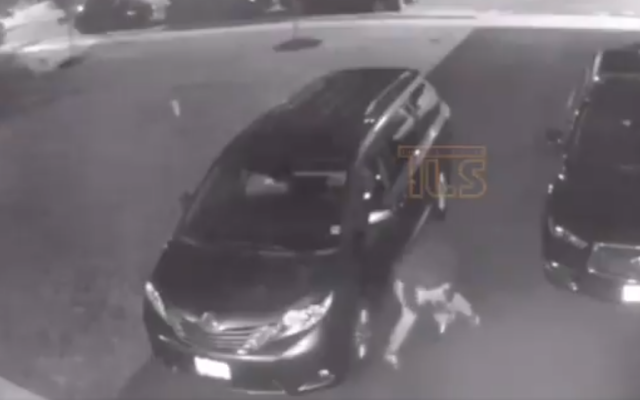 A suspect can be seen slashing a tire on a car in Lakewood Township, New Jersey, on August 10, 2019. (Screen capture: Twitter) A suspect can be seen slashing a tire on a car in Lakewood Township, New Jersey, on August 10, 2019. (Screen capture: Twitter)