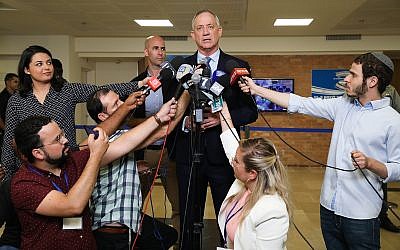 Benny Gantz, head of Blue and White party, speaks outside the Central Elections Committee in Jerusalem, August 1, 2019. (Noam Revkin Fenton/Flash90)