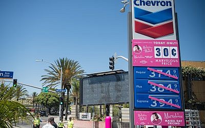 A Chevron gas station offered gas for 30 cents a gallon during the Amazon Studios "Maisel Day" in Santa Monica, Calif., Aug. 15, 2019. (Morgan Lieberman/Getty Images via JTA)