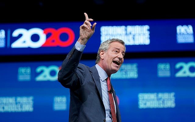 Democratic presidential candidate and New York City Mayor Bill de Blasio speaks during the National Education Association Strong Public Schools Presidential Forum, July 5, 2019, in Houston. (AP Photo/David J. Phillip) Democratic presidential candidate and New York City Mayor Bill de Blasio speaks during the National Education Association Strong Public Schools Presidential Forum, July 5, 2019, in Houston. (AP Photo/David J. Phillip)