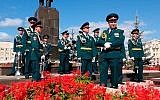 A Russian military band prepares to attend the funerals of five Russian nuclear engineers killed by a rocket explosion in Sarov, 370 kilometers (230 miles) east of Moscow, which has served as a base for Russia's nuclear weapons program since the late 1940s, in this grab taken from footage provided by the Russian State Atomic Energy Corporation ROSATOM press service, August 12, 2019. (Russian State Atomic Energy Corporation ROSATOM via AP)