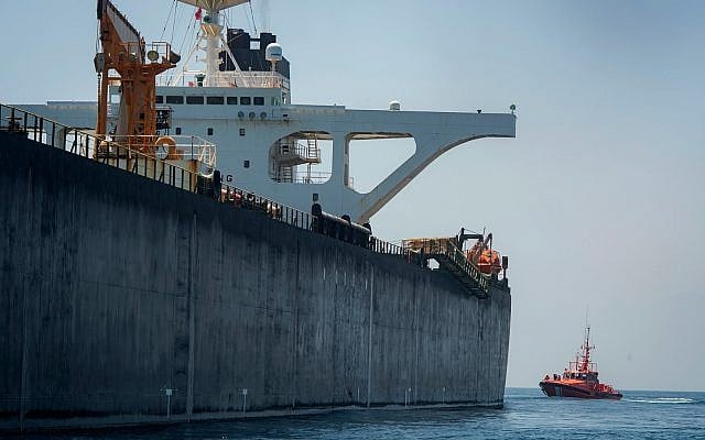 A view of the Grace 1 super tanker with the name removed is seen in the British territory of Gibraltar, August 17, 2019. (AP Photo/Marcos Moreno) A view of the Grace 1 super tanker with the name removed is seen in the British territory of Gibraltar, August 17, 2019. (AP Photo/Marcos Moreno)