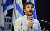 Transportation Minister Bezalel Smotrich at a URWP party conference in Lod, July 22, 2019. (Flash90)