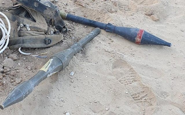 This photo shows RPGs carried by four Palestinians who attempted to infiltrate into Israel through the border fence with Gaza, August 10, 2019. (Israel Defense Forces) This photo shows RPGs carried by four Palestinians who attempted to infiltrate into Israel through the border fence with Gaza, August 10, 2019. (Israel Defense Forces)